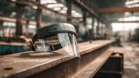 A close-up image of a safety visor resting on a rusty metal beam in an abandoned factory, highlighting the importance of personal protection in industrial environments.の素材