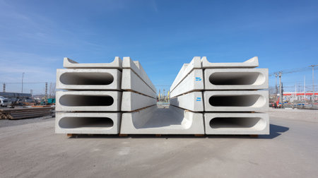 Stacks of concrete precast elements are neatly arranged in a construction yard, showcasing industrial materials under a clear blue sky.の素材
