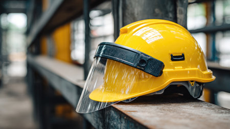 A bright yellow safety helmet with a transparent face shield rests on a wooden shelf, emphasizing safety in construction environments. The blurred background denotes a bustling site focused on worker protection and compliance with safety standards.の素材