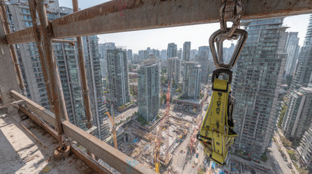 A panoramic view from an elevated construction site showcasing safety equipment against a backdrop of urban development and towering skyscrapers, highlighting the dynamic nature of city construction.の素材