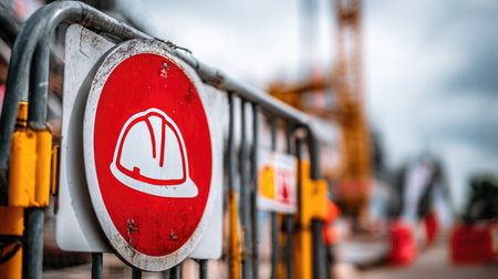 A close-up of a safety helmet sign on a construction site, indicating safety regulations and practices essential for the protection of workers.の素材