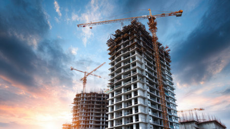 Captivating scene of a construction site at dusk featuring towering cranes and unfinished buildings under a striking sunset sky. The image captures the essence of urban development and architectural progress, showcasing the dynamic nature of construction work.の素材