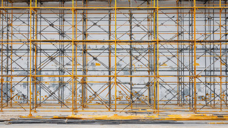 A detailed view of yellow scaffolding against a plain wall, illustrating the essential support used in construction and renovation tasks. Perfect background for projects.の素材
