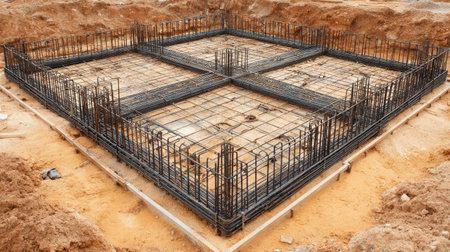This image captures a construction site showing the steel reinforcement framework for a concrete foundation, highlighting the significant groundwork involved.の素材