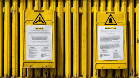 Bright yellow safety barriers display caution signs and information notices, indicating the importance of safety and compliance in construction or work areas.の素材