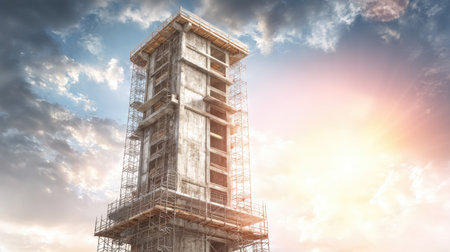 A tall construction tower surrounded by scaffolding stands proudly against a stunning sunset sky. The scene symbolizes progress and development in urban architecture.の素材