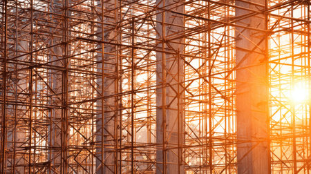 This image showcases a detailed view of a scaffold structure bathed in golden sunlight during a construction project, highlighting industry and design.の素材