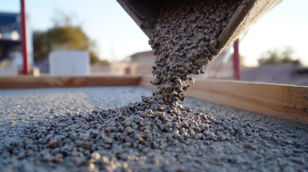 This image captures a close-up view of gravel being poured from a container, showcasing the fine details of the particles as they scatter across a construction site surface.の素材