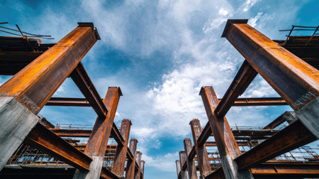 An industrial construction site showcasing a metal framework rising against a vibrant blue sky filled with clouds, capturing the essence of modern engineering and urban growth.の素材