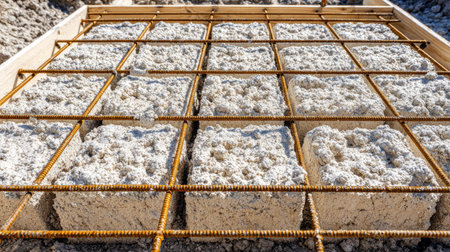A close view of concrete blocks set in a rebar grid indicates construction activity on a bright day. Ideal for topics on building and engineering.の素材