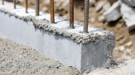 A close-up view of a concrete block with embedded steel rebar at a construction site, showcasing the foundation work and materials used in building projects.の素材