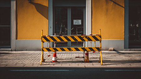 A construction barrier stands prominently against a bright yellow wall, signaling a work area on the city street. Traffic cones enhance safety measures.の素材