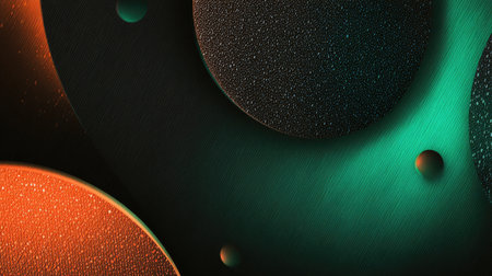 This abstract artwork features colorful circles with textured surfaces and droplets, creating a captivating play of light and shadow, perfect for modern design.の素材