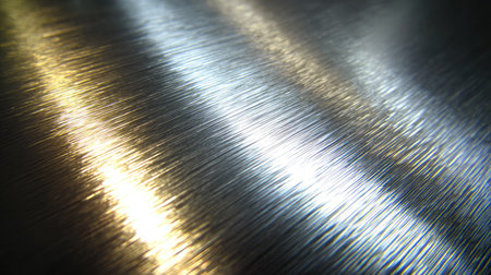 This image showcases a close-up of a textured brushed metal surface, featuring captivating reflections and interplay of light, perfect for modern design projects.の素材