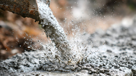 This dynamic image captures the detailed process of concrete pouring, showcasing the splash and texture as it interacts with the ground. Ideal for construction themes.の素材