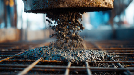 This image captures a detailed view of fresh concrete pouring from a hopper onto a steel reinforcement grid at a bustling construction site.の素材