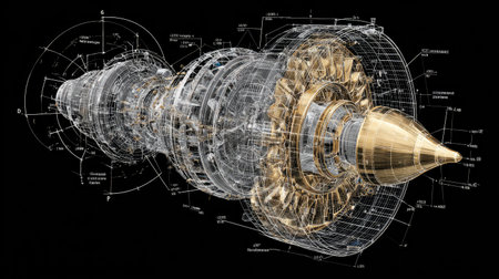This image showcases a detailed 3D model of jet engine turbine components, complemented by transparent technical drawings and precise measurements, representing advanced aerospace engineering.の素材