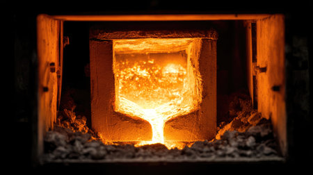 A captivating view of molten metal flowing from a furnace, showcasing the vibrant glow and dynamic texture of liquid metal in an industrial foundry setting.の素材