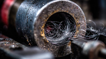 A detailed close-up of a metal working tool revealing metal shavings and chips inside, showcasing the intricacies of workshop craftsmanship in a dynamic industrial setting.の素材