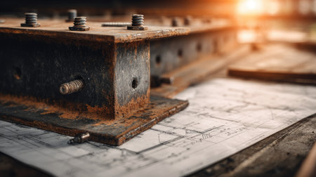 A close-up shot of a rusty metal framework resting on architectural blueprints in a workshop, illuminated by warm natural light, showcasing industrial charm.の素材