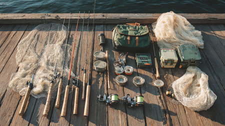 A neatly arranged display of various fishing gear on a wooden dock, featuring rods, reels, nets, and tackle boxes that illustrate a perfect fishing day outside.の素材