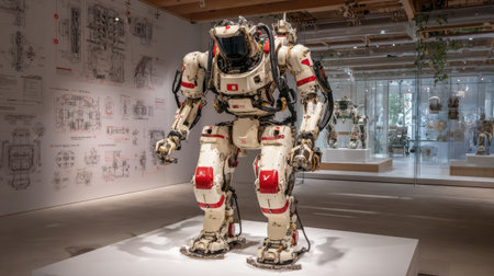 A striking humanoid robot stands in a modern exhibit, surrounded by technical sketches. This artwork encapsulates innovation and advanced technology in a captivating space.の素材