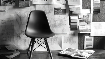 A striking black and white image showcasing a modern chair in a creative workspace filled with sketches and mood boards, ideal for design inspiration.の素材