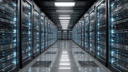 This image showcases a futuristic data center, featuring rows of gleaming servers surrounded by blue LED lights, emphasizing high-tech storage and computing.の素材