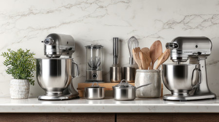 A modern kitchen setup showcasing stylish stand mixers, a blender, cookware, and wooden utensils arranged on an elegant marble countertop, ideal for culinary inspirations.の素材