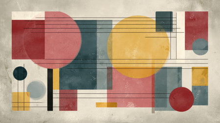 This image features a striking composition of abstract geometric shapes, including circles and rectangles, using a vibrant color palette on a textured background.の素材