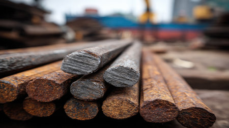 This detailed close-up image showcases rusty metal bars stacked in an industrial environment, revealing textures and colors of weathered steel.の素材