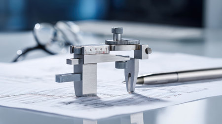 A close-up view of a precision measuring tool resting on blueprints beside a pen, representing accuracy in engineering and design tasks in a modern workspace.の素材