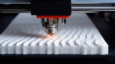 This close-up image showcases a 3D printer nozzle in action, creating a textured surface on white material. Perfect for technology and manufacturing themes.の素材