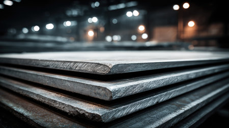 A detailed view of industrial steel sheets neatly stacked in a warehouse, featuring subtle lighting and showcasing the metallic texture. Perfect for manufacturing or construction themes.の素材