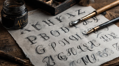 This image features a beautiful array of handwritten calligraphy letters on soft paper, surrounded by ink, brushes, and a rustic wooden table, perfect for artists.の素材