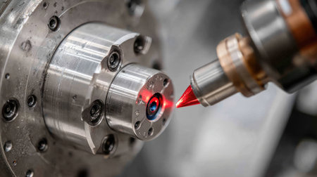 Close-up view of a high-tech laser cutting machine in action, showcasing precision engineering in metal manufacturing processes for industrial applications.の素材