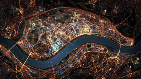 This stunning aerial photograph captures an urban cityscape at night, showcasing vibrant streetlights and a winding river. The intricate patterns of the city illuminate the dark surroundings, highlighting the lively atmosphere of the metropolis. Ideal for travel, architecture, and city life themes.の素材