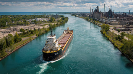 A large cargo ship glides smoothly through turquoise waters, surrounded by greenery and industrial structures, showcasing the harmony of nature and commerce.の素材