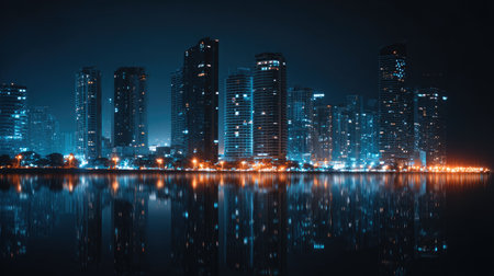 A captivating view of a vibrant urban skyline illuminated by dazzling lights at night. The calm water reflects the stunning buildings, creating a serene atmosphere.の素材
