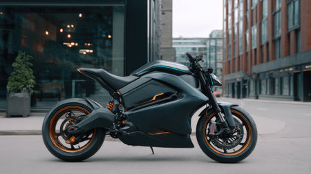 A stunning electric motorcycle showcased in an urban setting, highlighting its sleek design and cutting-edge technology against a modern architectural backdrop.の素材