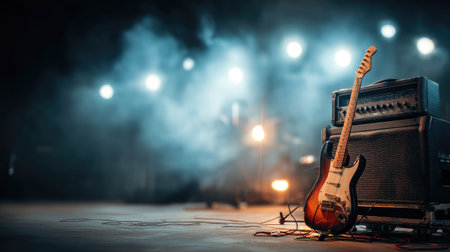 A striking electric guitar rests next to an amplifier on stage, surrounded by dramatic lighting and wisps of smoke, creating an electrifying atmosphere perfect for a live music event.の素材