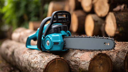 A vibrant electric chainsaw rests on a stack of logs, surrounded by lush greenery, showcasing its power for woodworking and gardening tasks in nature.の素材