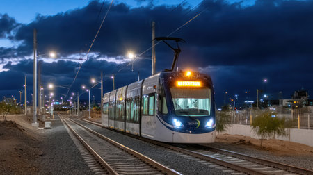A modern light rail transit system navigates through a city landscape at dusk, showcasing urban transport infrastructure against a dramatic sky.の素材