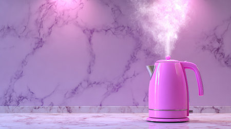 A vibrant pink electric kettle sits on a marble counter, releasing steam in a cozy kitchen ambiance. Ideal for showcasing modern kitchen design and lifestyle.の素材