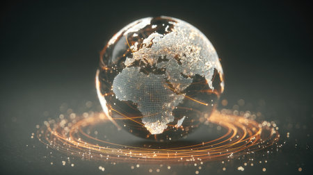 This captivating image features a digital representation of the Earth, illuminated by particles and light trails, symbolizing global connectivity and technology.の素材