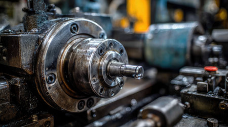 A detailed close-up image showcasing an industrial machinery part in a workshop setting, highlighting the intricate design and polished metal surfaces.の素材
