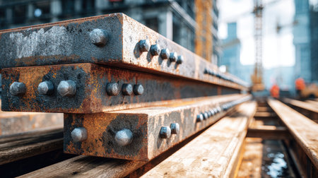 Detailed close-up of weathered steel beams at a construction site, showcasing rust, bolts, and wooden supports in a dynamic industrial environment.の素材
