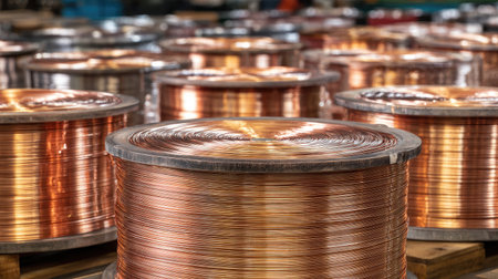 This image showcases several coils of copper wire stacked on wooden pallets. The intricate detail of the shiny copper wire is evident, highlighting the industrial setting.の素材