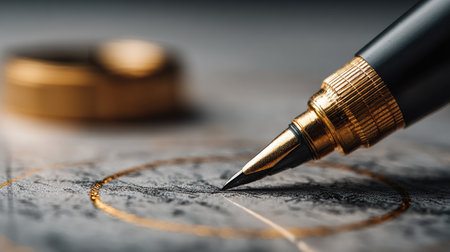 A close-up view of an elegant fountain pen with striking gold accents poised on a textured paper surface, showcasing fine details that evoke luxury and creativity.の素材