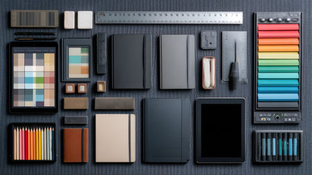 A visually appealing flatlay featuring various creative tools and stationery items arranged neatly, ideal for showcasing artistic inspiration and productivity tips.の素材